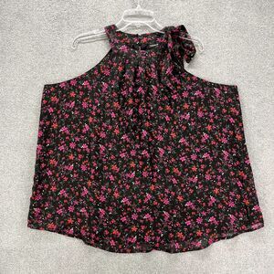 Torrid Top Womens 1X Black Pink Red Floral Halter Neck Blouse Lined lace up